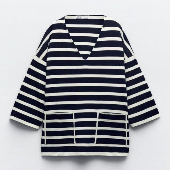 New Zara Women Knit Cropped Striped Pockets Black White Top Tunic Sweater Size S - Picture 1 of 7